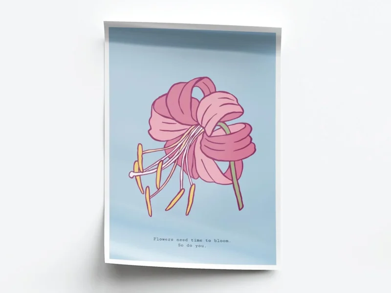 Arte Ilustración Minimalista Lirio Rosa con Fondo Turquesa