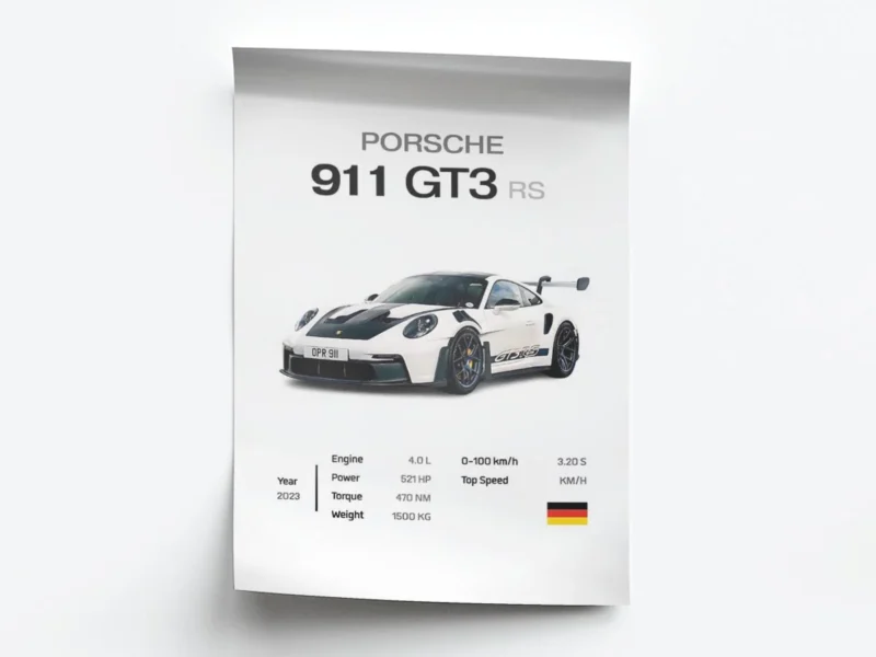 Póster Minimalista Auto Deportivo GT3 RS con Especificaciones