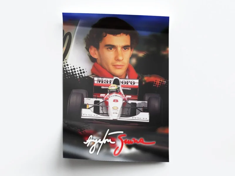 Póster F1 Ayrton Senna Piloto, Auto y Firma