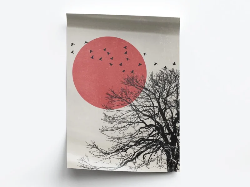 Arte Ilustración Japonesa Luna Roja con Árbol Negro
