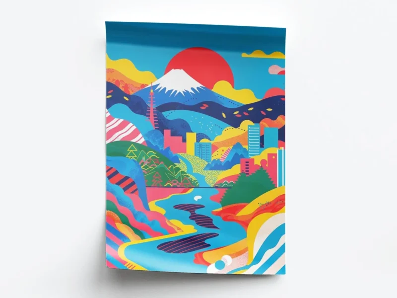 Póster Ilustración Japonesa Colorida Paisaje y Montaña