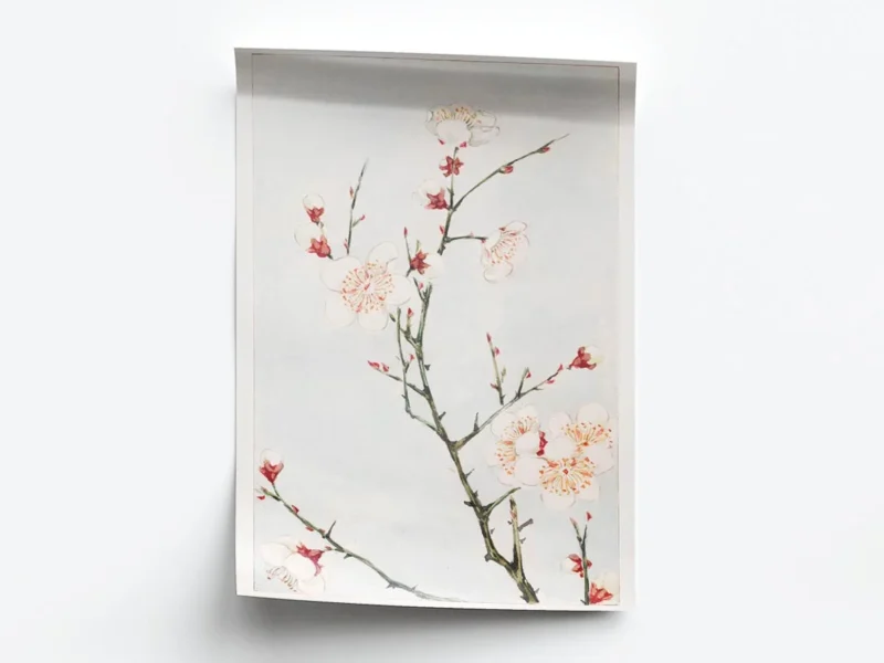 Arte Ilustración Japonesa Ramas Verdes con Flores Blancas y Rojas
