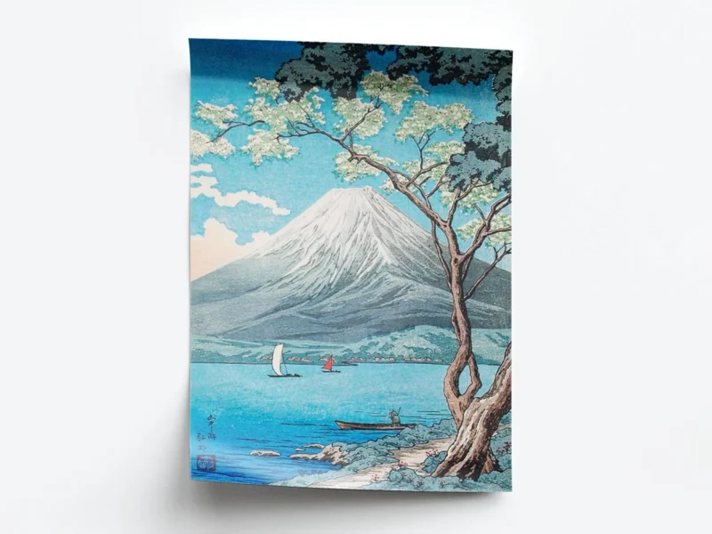 Arte Ilustración Japonesa Paisaje Árbol, Agua y Montaña