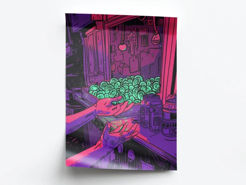 Póster Pop Art Ilustración Manos en Tienda con Orbes Verdes