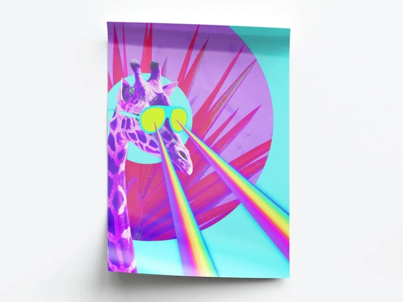 Póster Pop Art Ilustración Jirafa con Gafas y Rayos Arcoíris