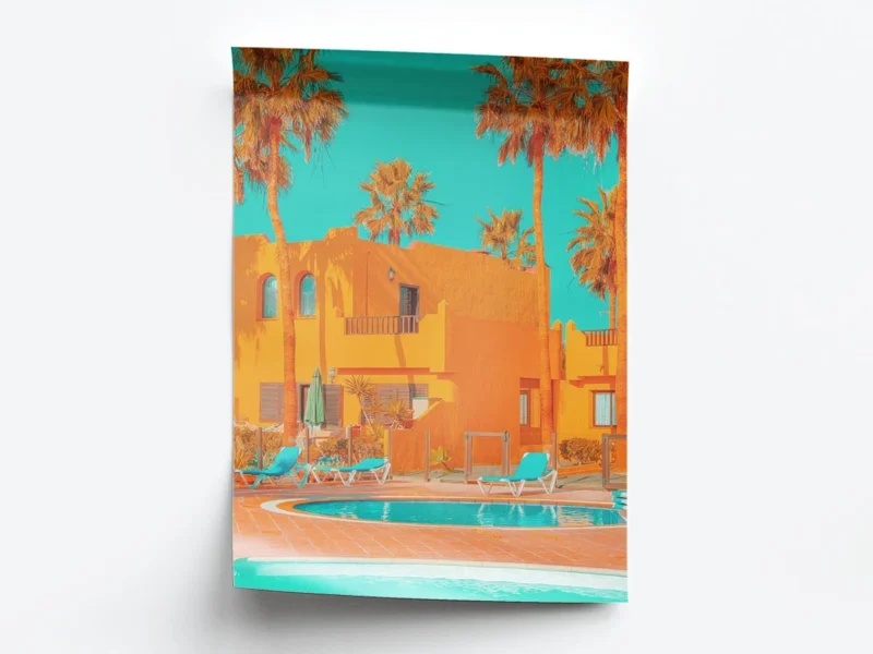 Póster Pop Art Casa Naranja con Piscina y Palmeras