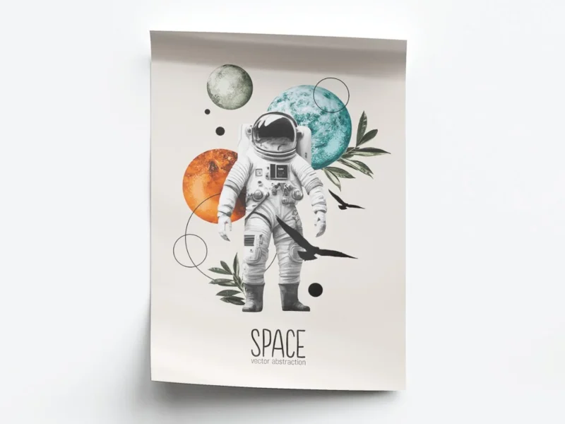 Poster Ilustración Minimalista Astronauta y Planetas con Hojas